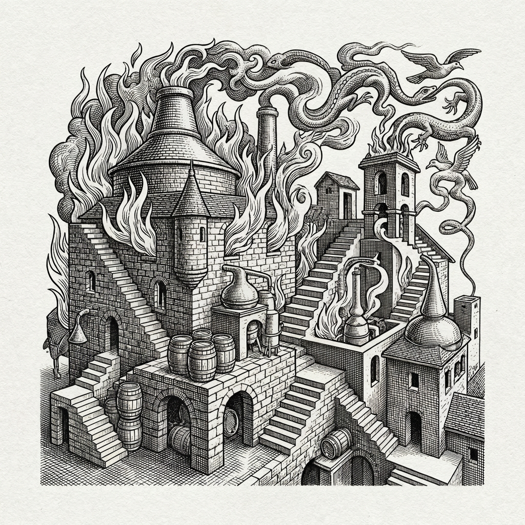 Surreal black and white factory with impossible stairs and smoke-creatures, signed M.C. Escher.